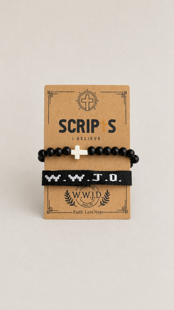 Black WWJD Christian bracelet set on Scripts I Believe display card