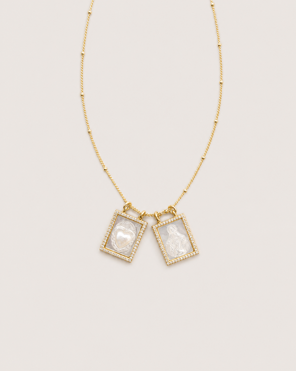 Christian gold scapular necklace with rectangular religious pendants