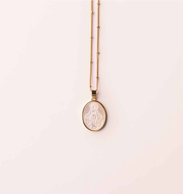 Divine Light Mother of Pearl Christian medal necklace
