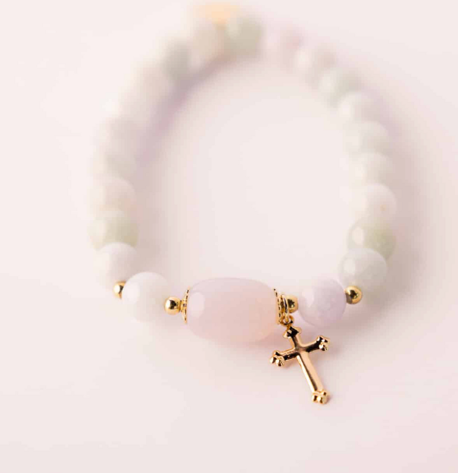 Faith in Bloom bracelet - close-up of beads and charm