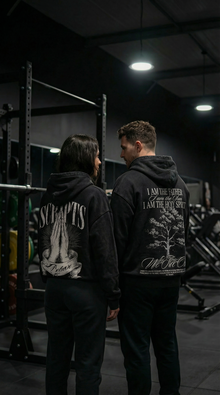 Person wearing black Holy Trinity Christian hoodie - back view