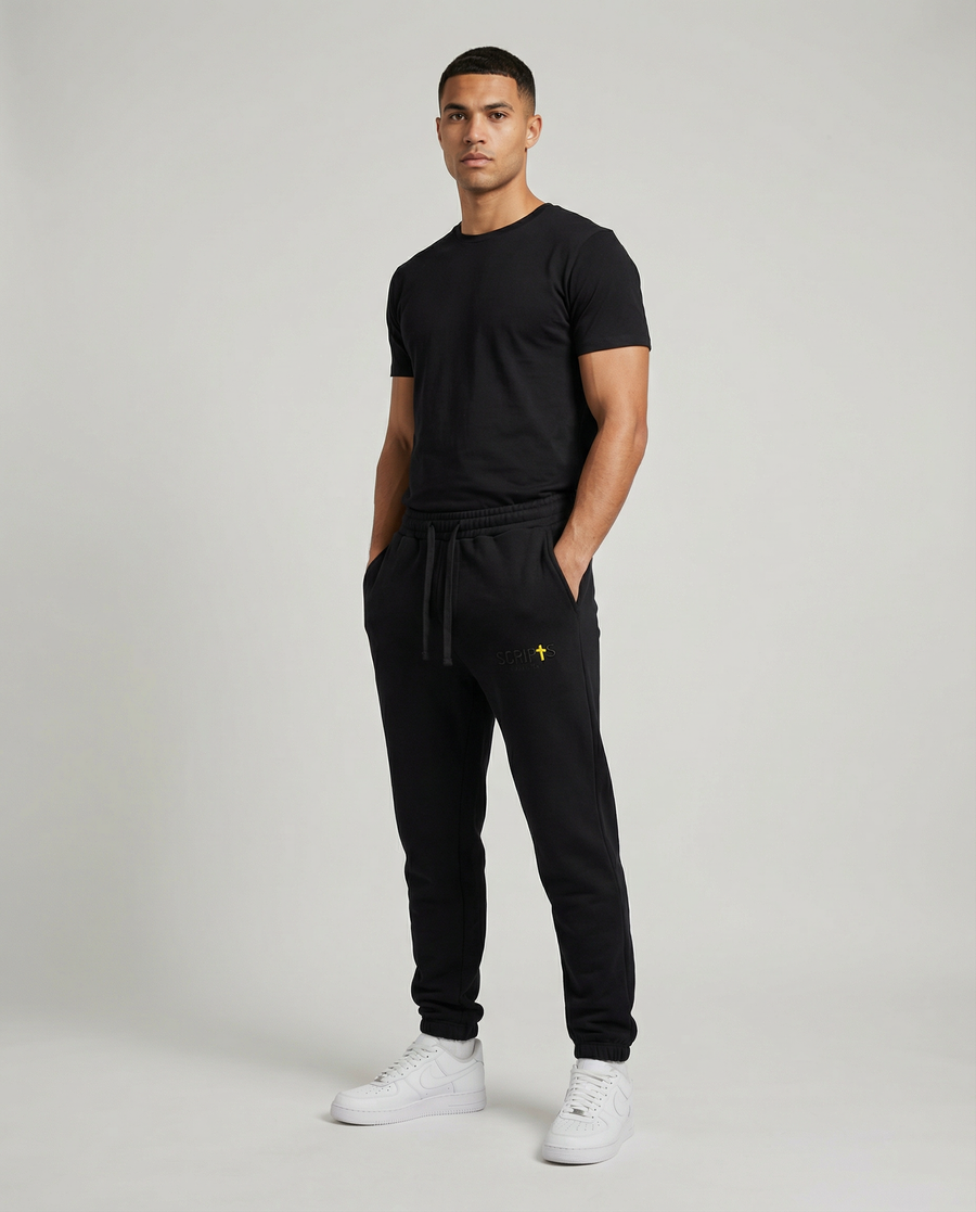 Christian streetwear model wearing black premium heavyweight fleece sweatpants