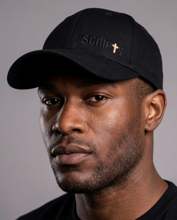 Man wearing black "I Believe" Christian cap with embroidered cross and SCRIPTS logo