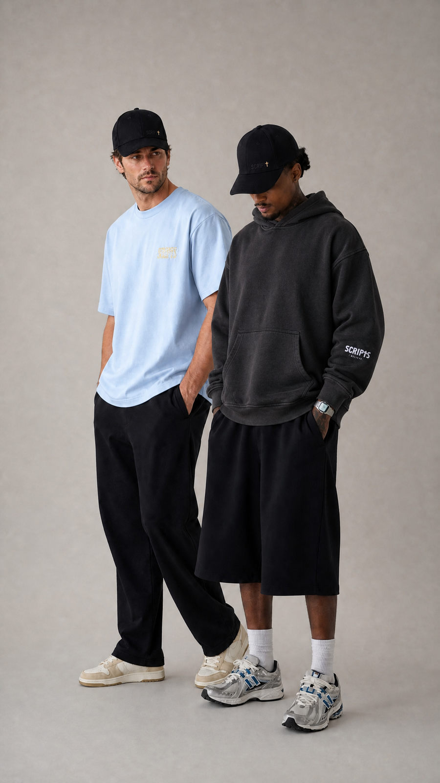 Two people wearing light blue "Respond Like Jesus" Christian tees - walking, back view