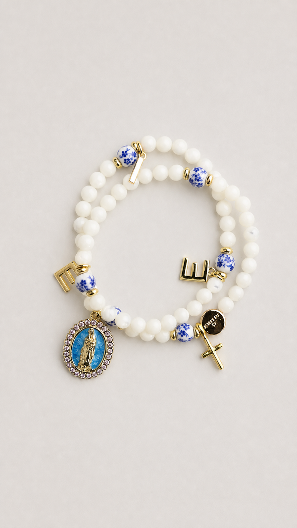 Christian Mother of Pearl wrap rosary bracelet with gold cross and Virgin Mary charms