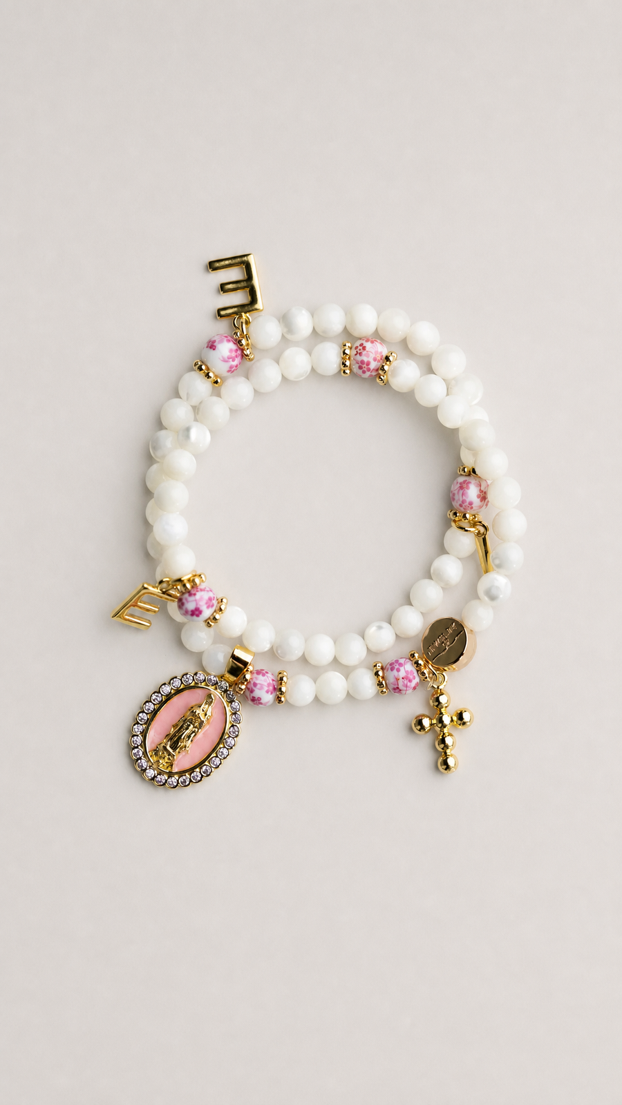 Christian Mother of Pearl wrap rosary bracelet with gold cross and Virgin Mary charms