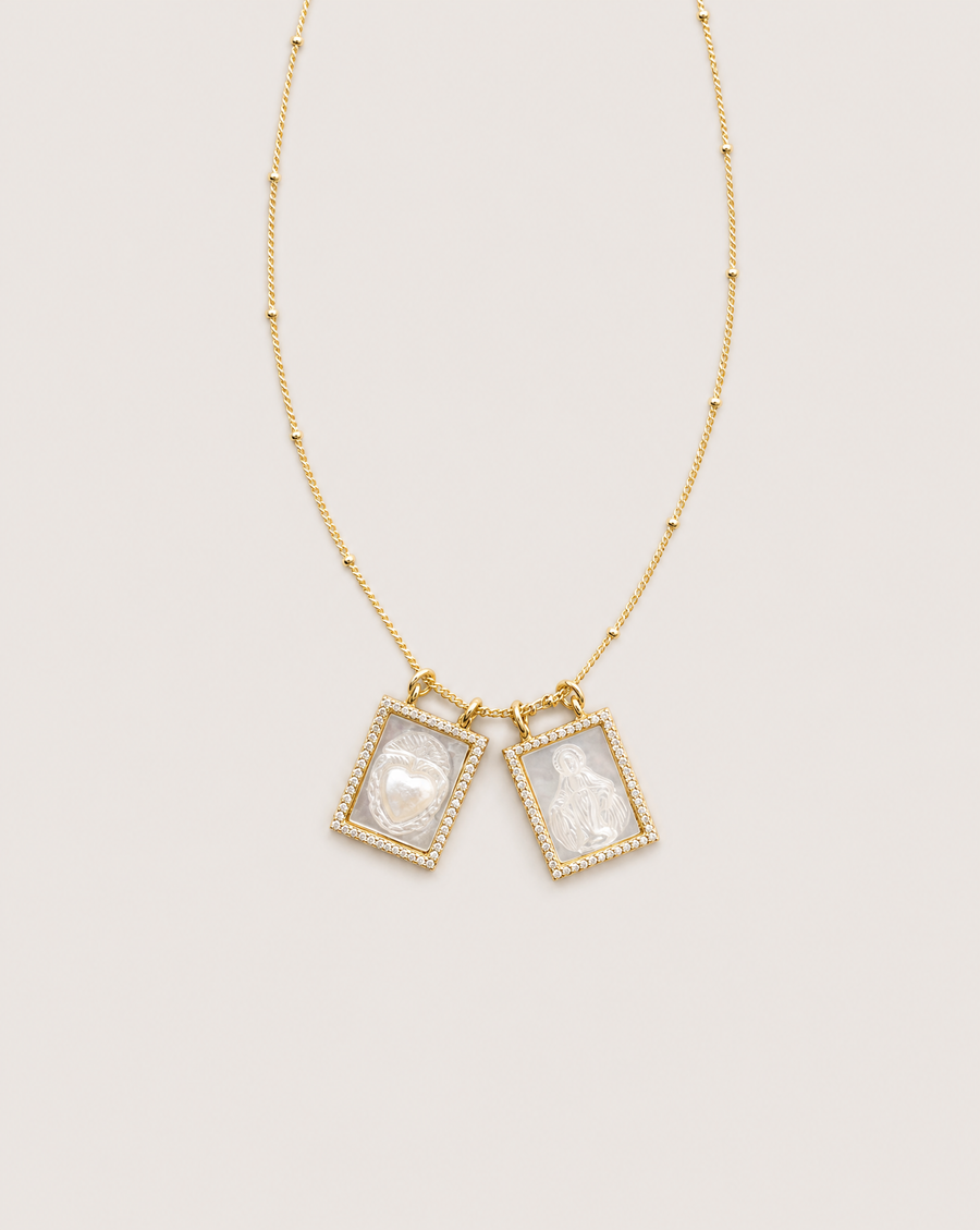 Christian gold scapular necklace with rectangular religious pendants