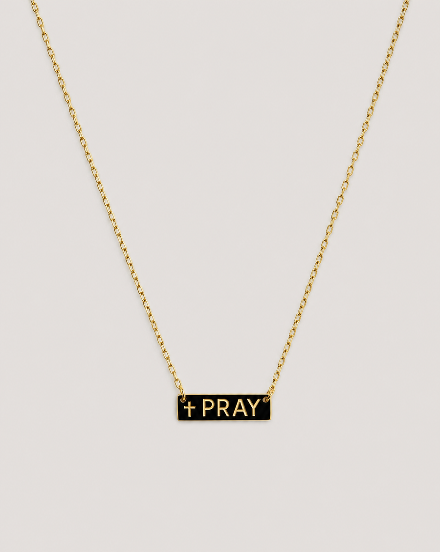 Gold "Pray" necklace pendant on chain - product shot