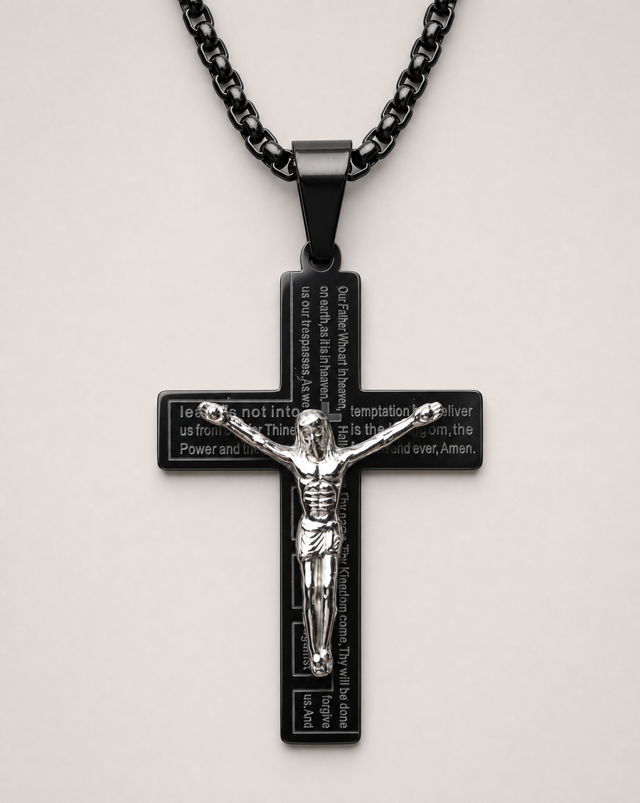 Christian crucifix necklace with stainless steel Jesus pendant on black chain
