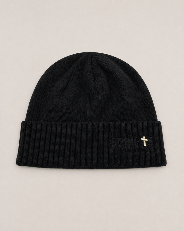 Christian rib knit beanie in black with embroidered cross logo