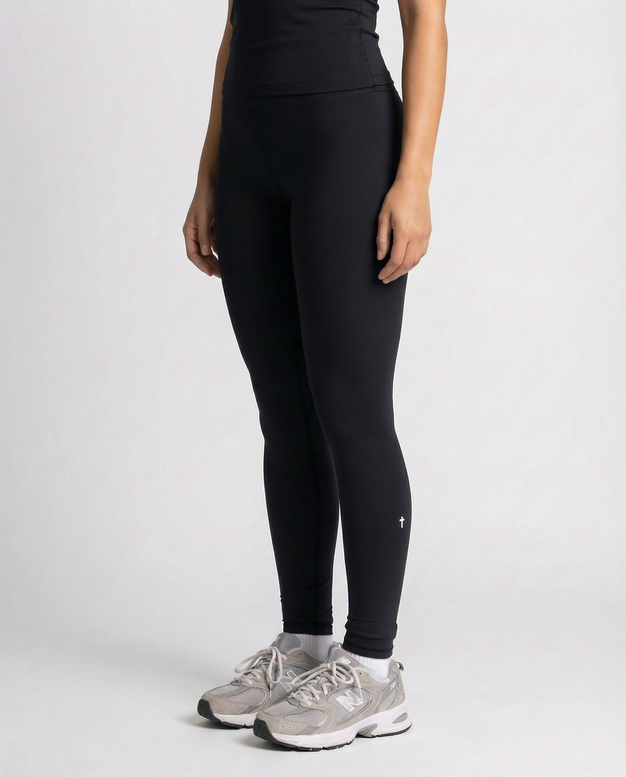 Christian "I Believe" full-length black leggings - close-up view