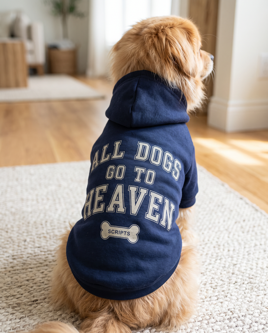 Dog sitting on a rug in the navy All Dogs Go To Heaven hoodie, back view with the SCRIPTS dog bone print