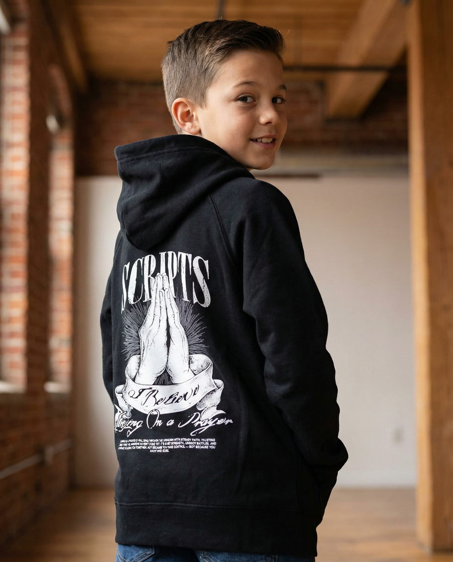Christian youth hoodie - back view showing praying hands graphic and "Living on a Prayer" design