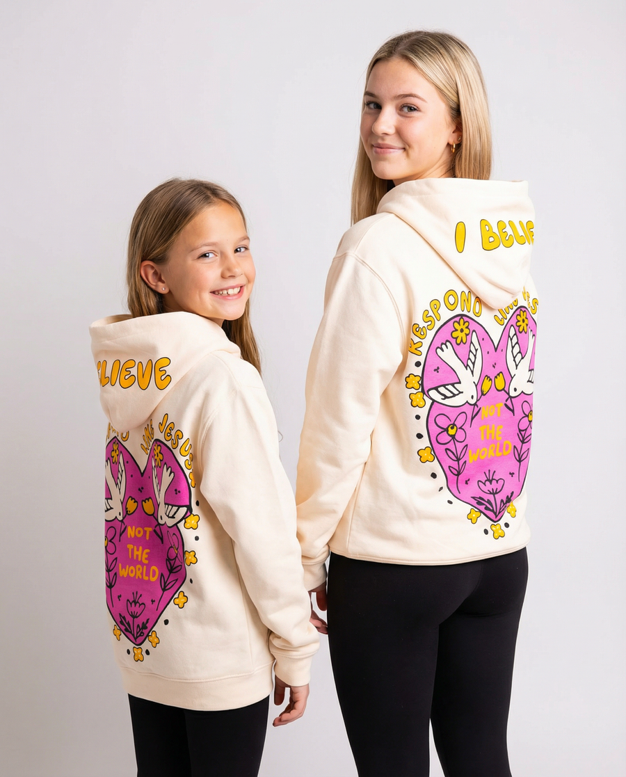 Christian youth hoodies - two girls wearing cream "Respond Like Jesus" fleece hoodies