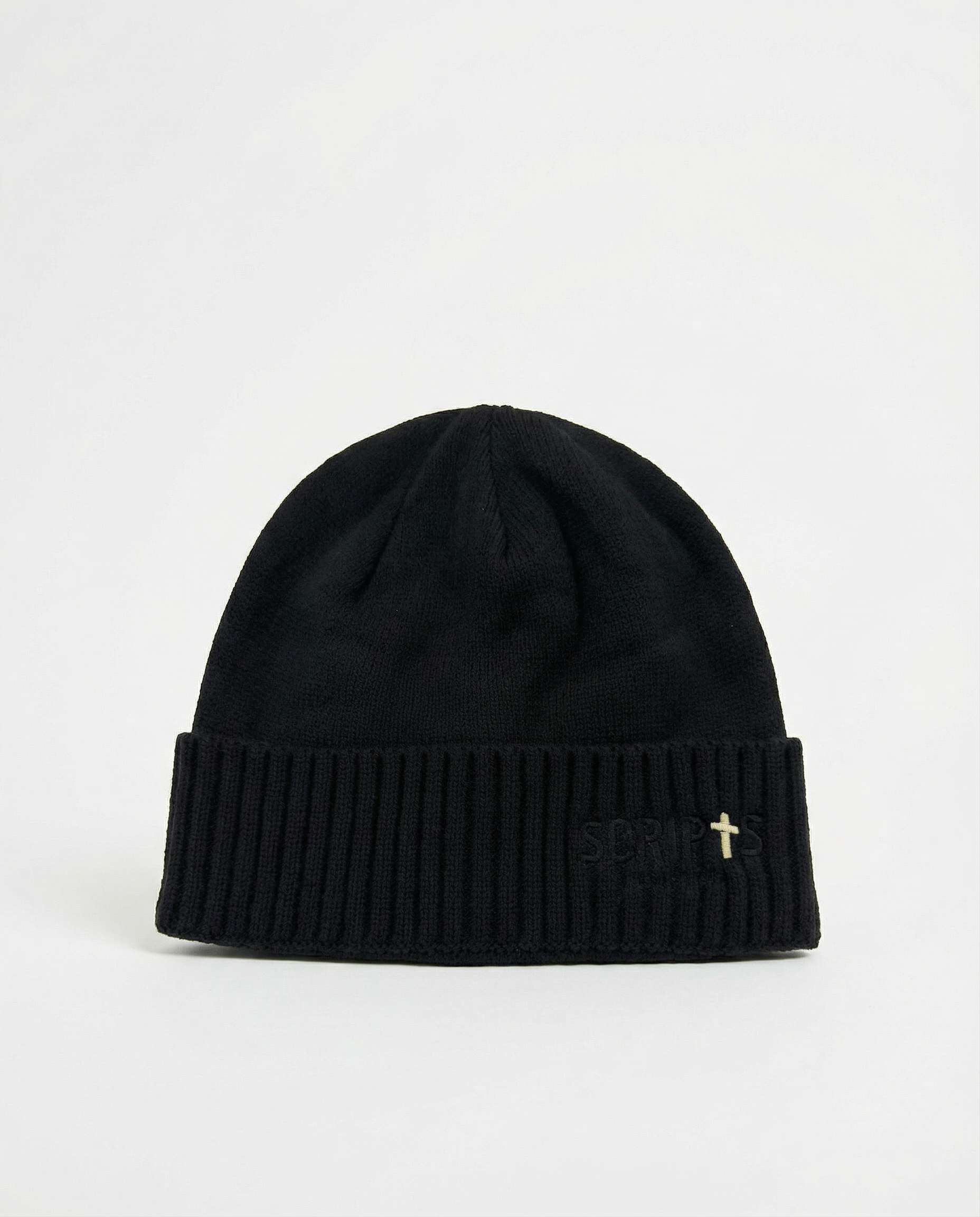 Black Christian beanie with embroidered cross detail - side view