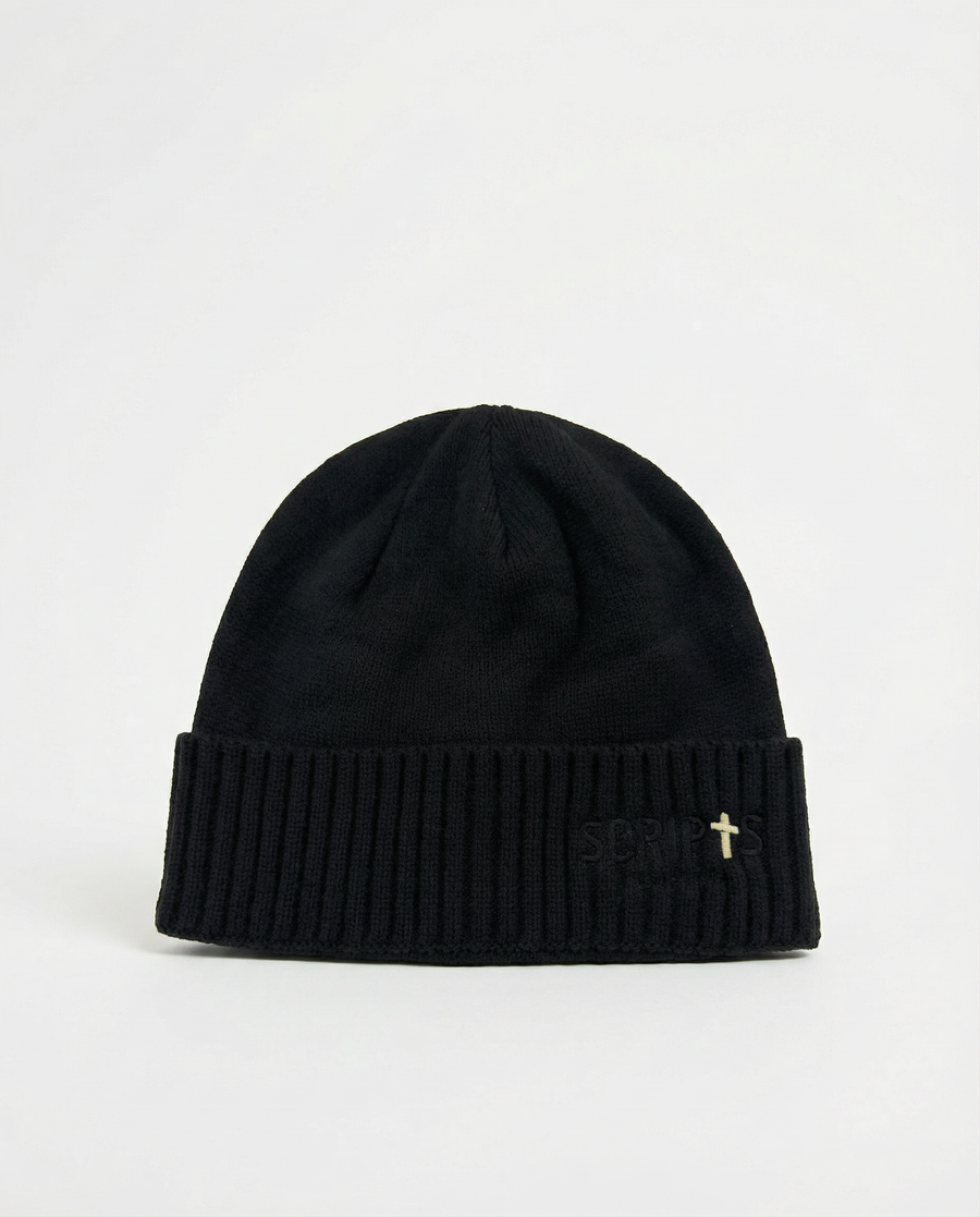 Black Christian beanie with embroidered cross detail - side view