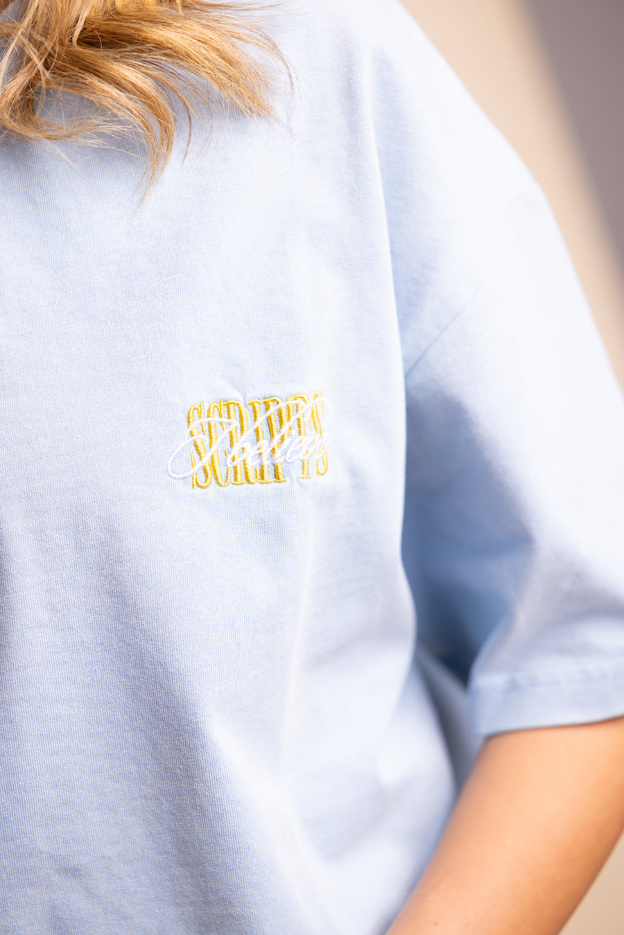 Woman wearing light blue Christian tee - close-up of SCRIPTS chest graphic