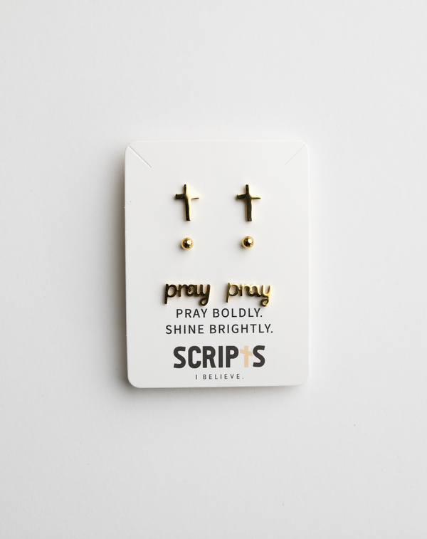 Gold Christian "Pray" cross stud earrings on display card