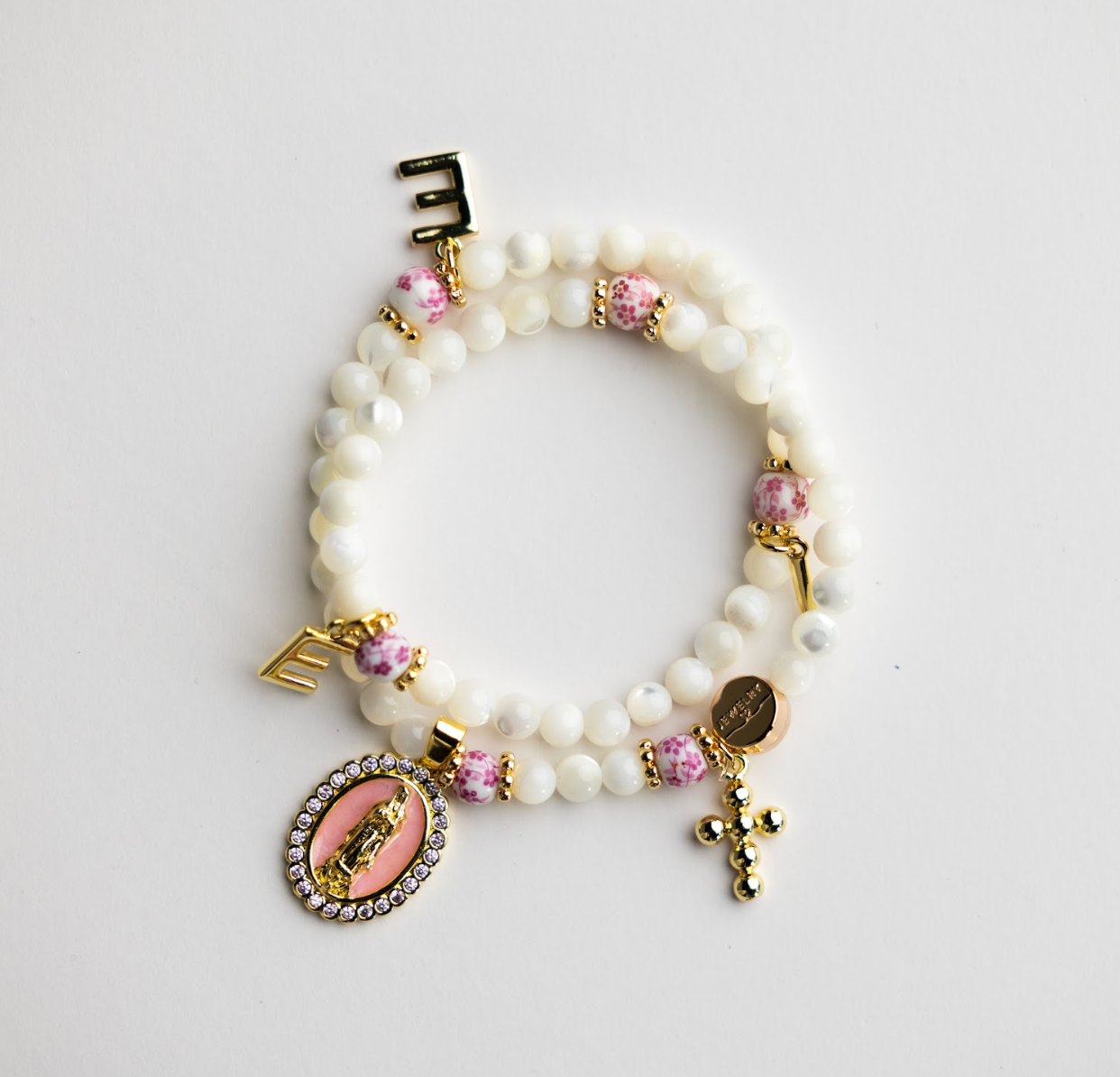 Christian Mother of Pearl wrap rosary bracelet with gold cross and Virgin Mary charms