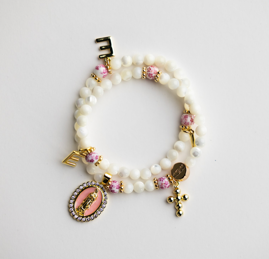 Christian Mother of Pearl wrap rosary bracelet with gold cross and Virgin Mary charms