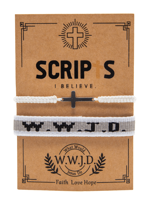 Black and white WWJD Christian bracelet set on display card