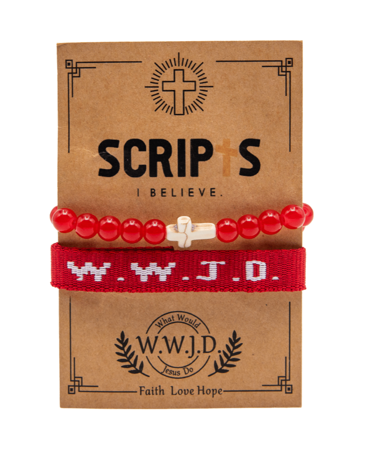 Red and white WWJD Christian bracelet set on display card