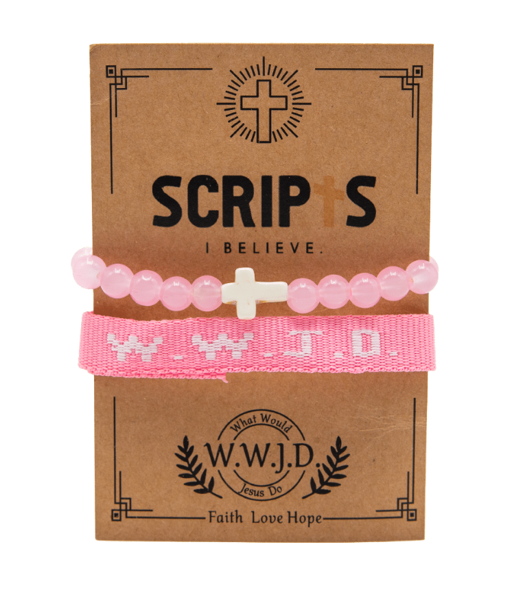 Pink WWJD Christian bracelet set on display card