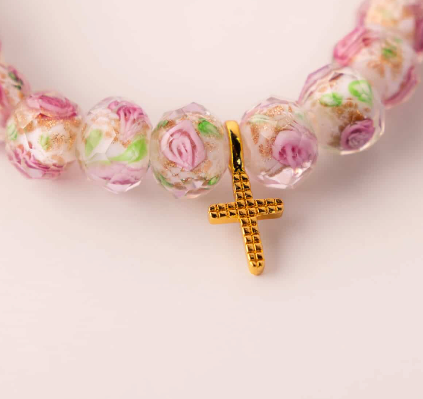 White Rose Light of Faith bracelet with cross - close-up