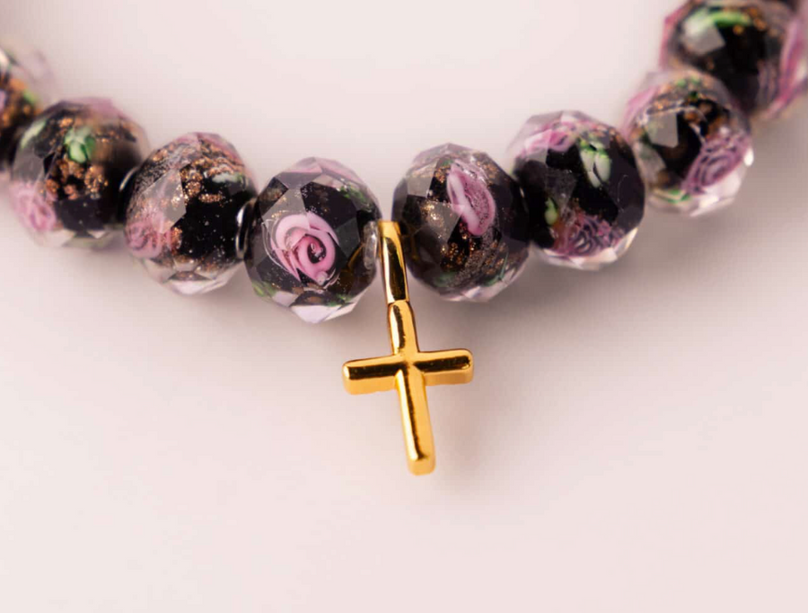 Black Rose Midnight Scripture bracelet with cross - close-up