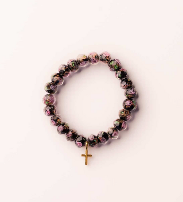 Black Rose Midnight Scripture bracelet with cross charm
