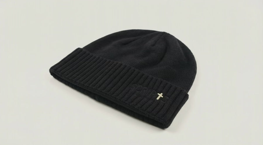Rib Knit Beanie with Embroidered Cross Logo