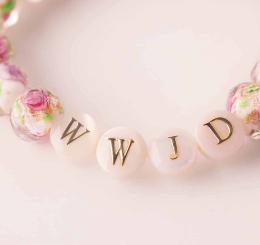 White Rose Light of Faith WWJD bracelet - close-up